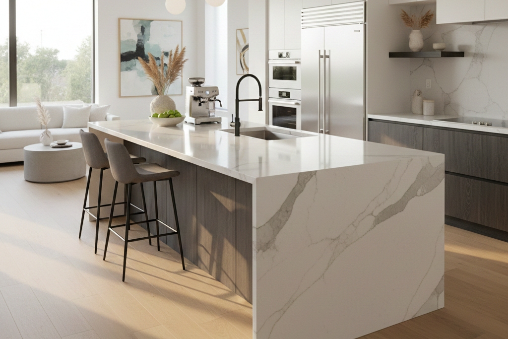 A bright, modern kitchen featuring a large white marble