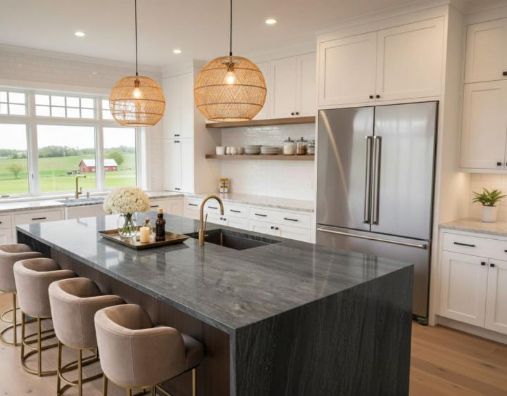 Modern farmhouse kitchen with dark gray stone slab island and white cabinets