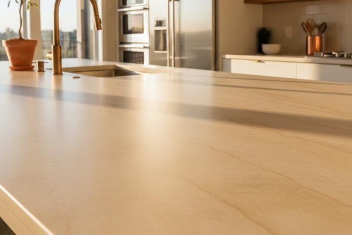 Honed matte dolomite countertop surface close-up showing subtle texture and warm stone tones