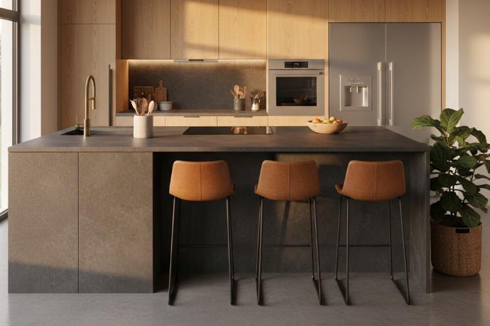 Seamless porcelain island countertop installation showing minimal seam connection and edge detail