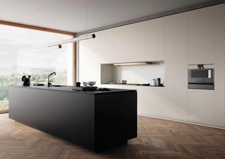 Modern kitchen interior design featuring a Dekton matte black 