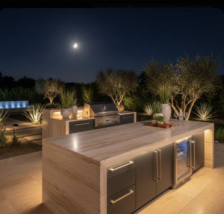 large-format natural stone island with a waterfall edge slab