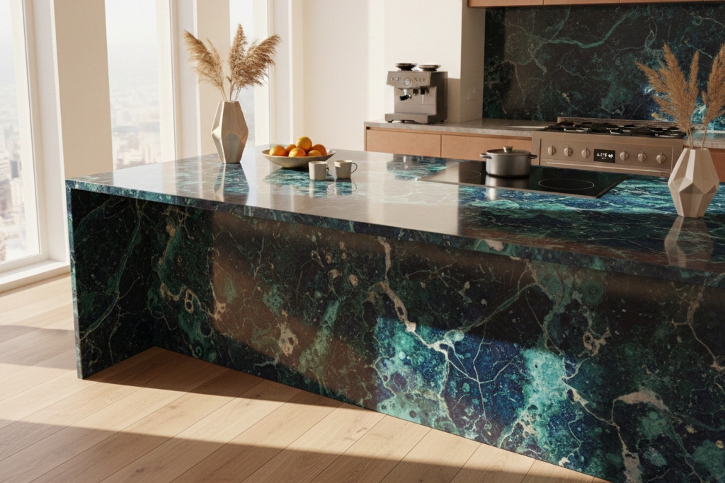 A striking, modern kitchen featuring a teal and green marble waterfall island with intricate white and gold veining.