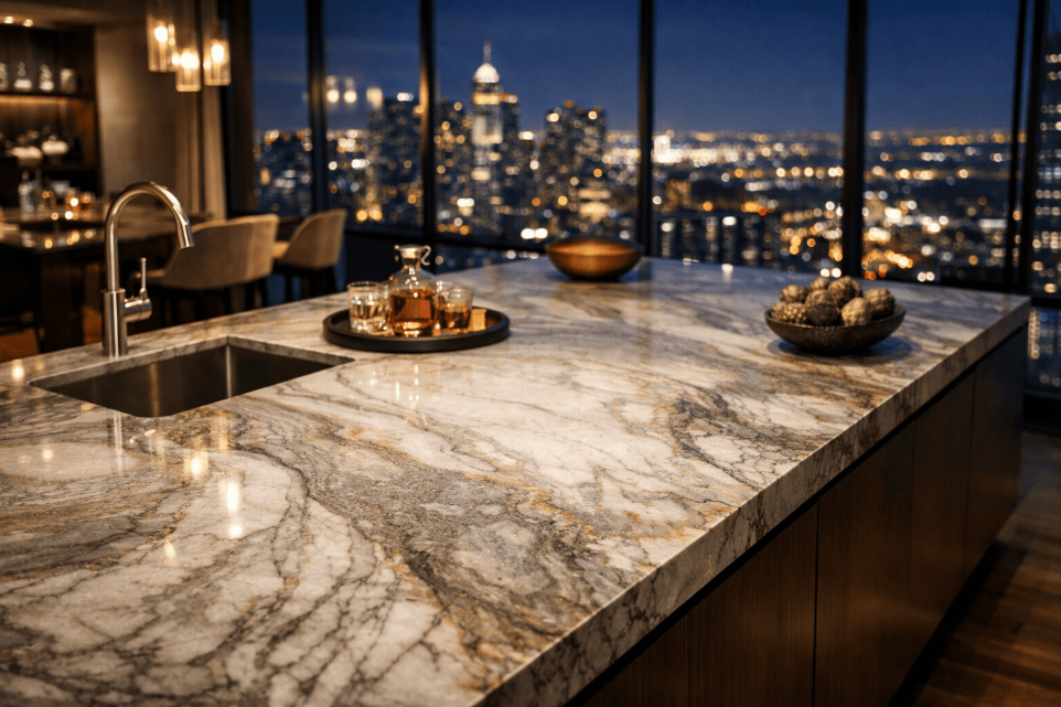 Quartzite countertop with natural veining in luxury kitchen overlooking city skyline at night