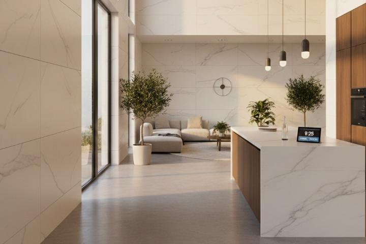 Modern kitchen featuring low-maintenance stone slab countertops and flooring