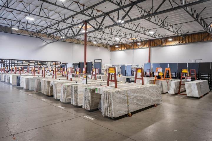 Natural stone slab showroom with granite marble and quartzite displays