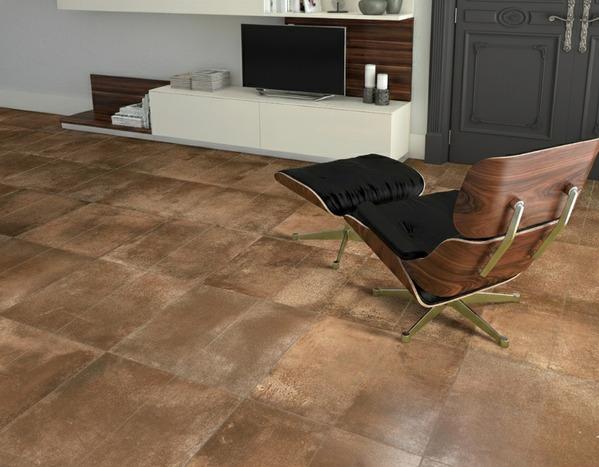 Rust-look porcelain flooring in a modern interior.