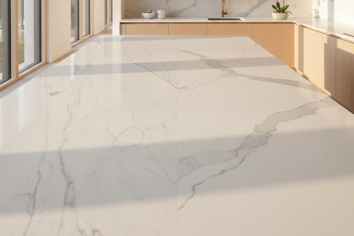 Close-up comparison of natural stone texture versus engineered quartz surface