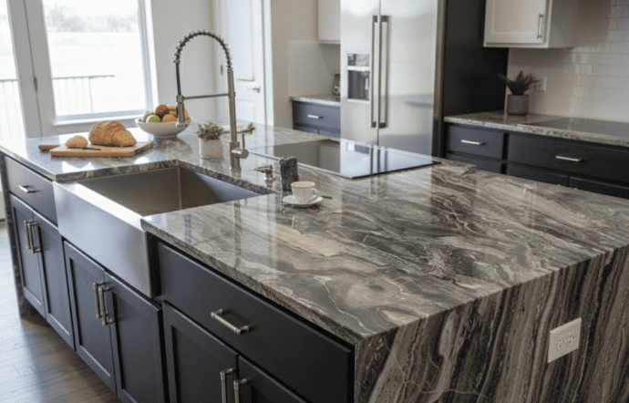 A modern kitchen island featuring a dramatic gray and white marble waterfall countertop