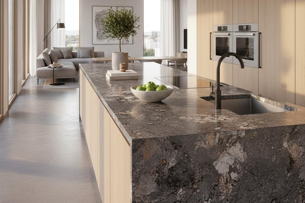 Gray granite kitchen island with polished finish in modern open-concept kitchen