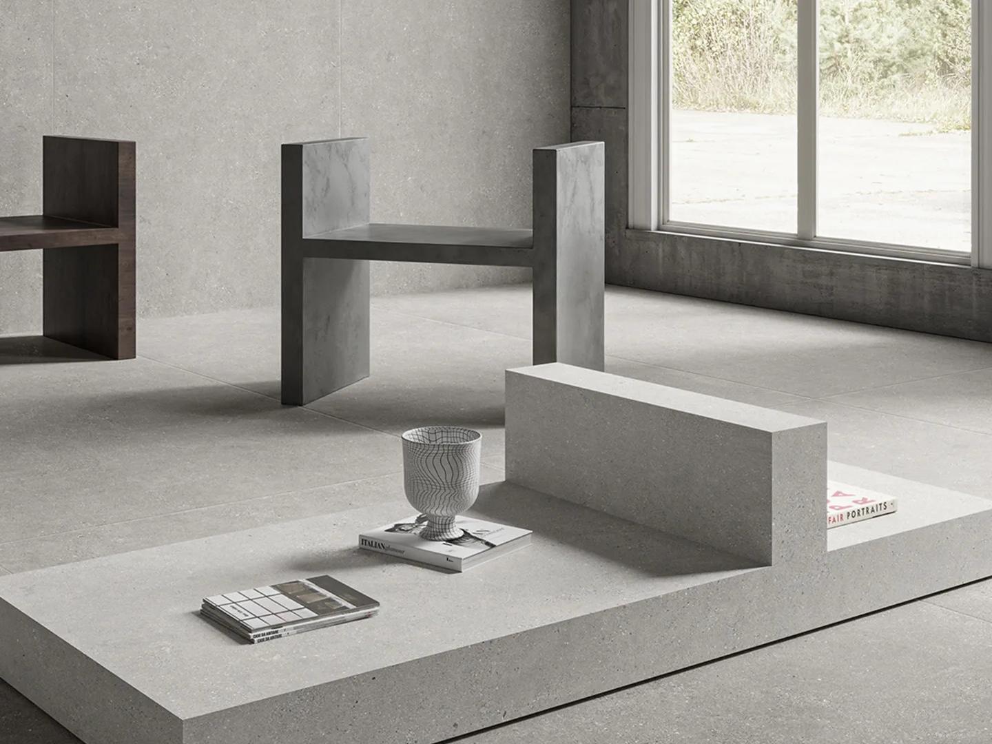 Contemporary interior with Sandstone Silver porcelain slabs used as elegant countertop and wall applications.