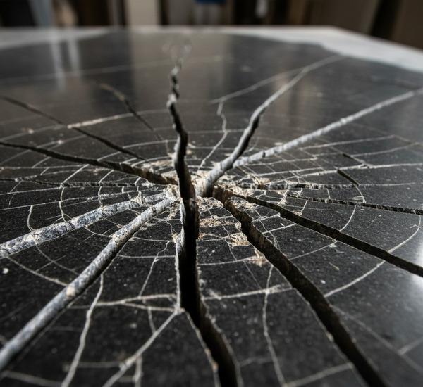 Shattered black stone slab with deep radial cracks and splintered edges.