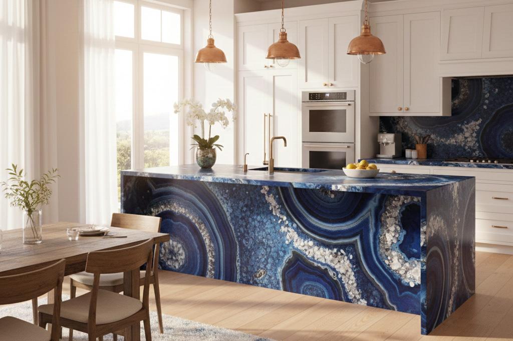 Semi-precious stone kitchen countertop in blue agate