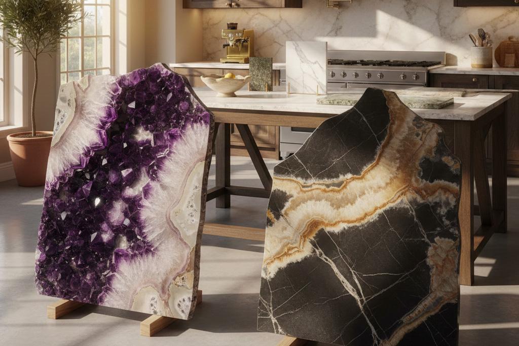 Amethyst and onyx natural stone slab samples