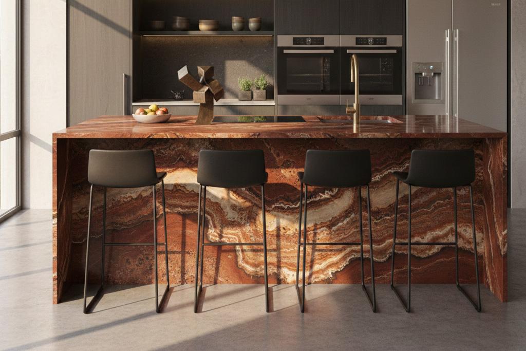 Kitchen island featuring semi-precious jasper countertop