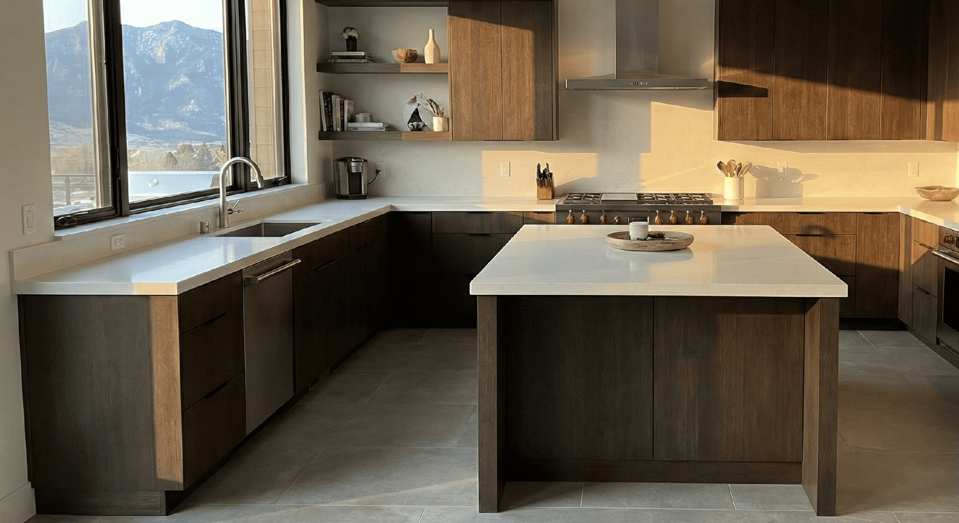 A spacious, kitchen featuring white countertops