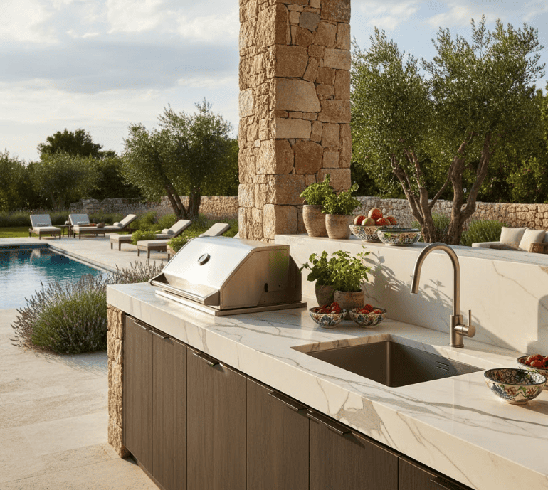 Marble Outdoor Kitchen Countertop | Browse Slab Inventory - Private Outdoor Kitchen With Natural Stone