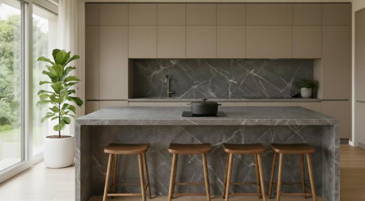 Natural stone kitchen island with wooden stools