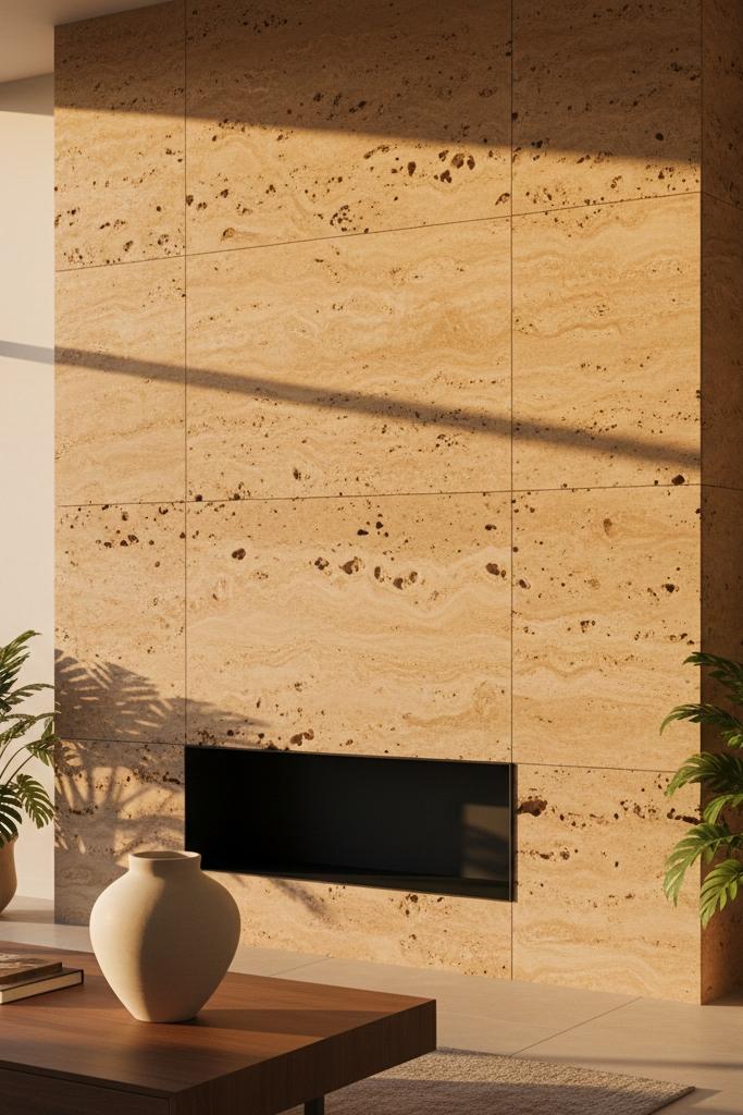 Close-up of textured travertine natural stone