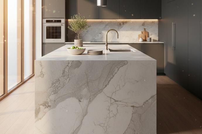 Quartzite Countertop slab island in dark modern kitchen