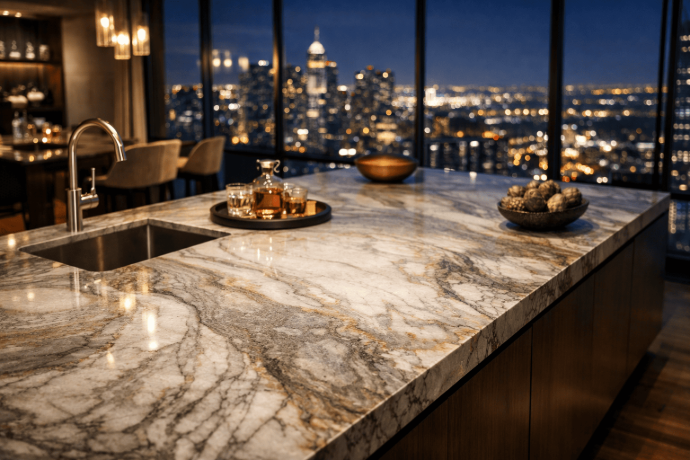 Night view kitchen with Quartzite Countertop slab island