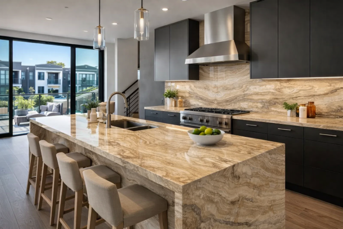 Modern luxury townhome kitchen with polished travertine slab countertops and waterfall island