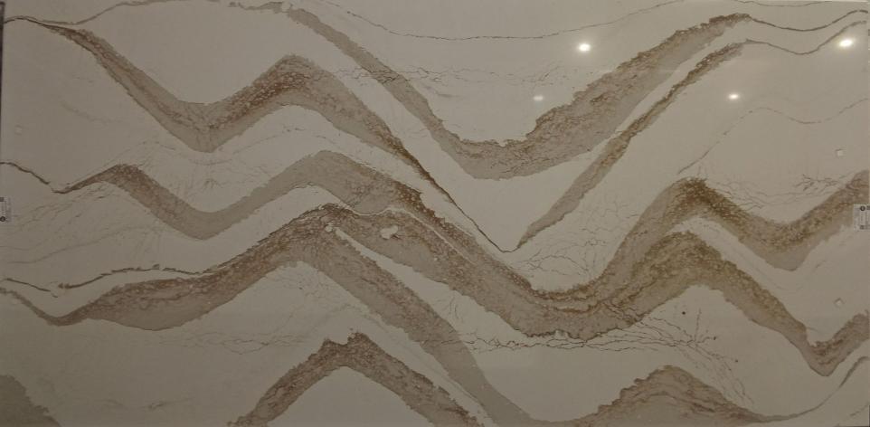 Quartz slab with wavy beige and cream veining for outdoor kitchen countertops