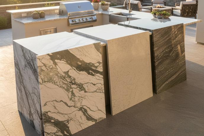 Quartzite slab samples showing polished, honed, and leathered.