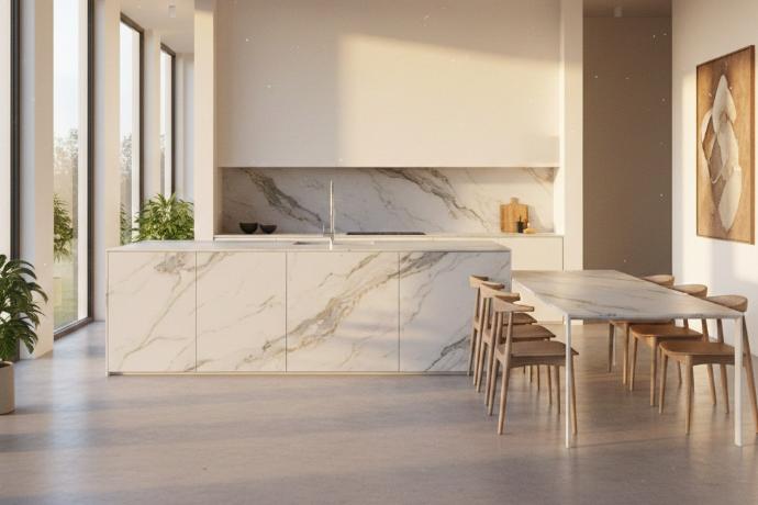 Porcelain slab kitchen countertop with marble look