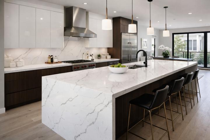 White marble-look engineered stone island and backsplash
