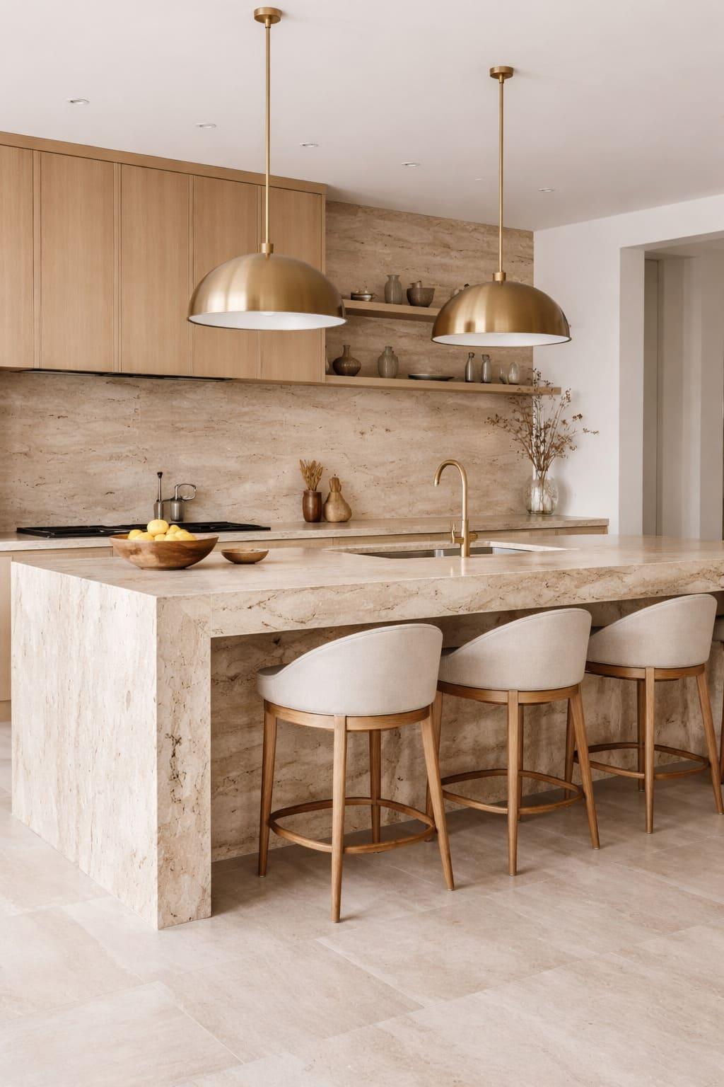 Light wood kitchen featuring a travertine island