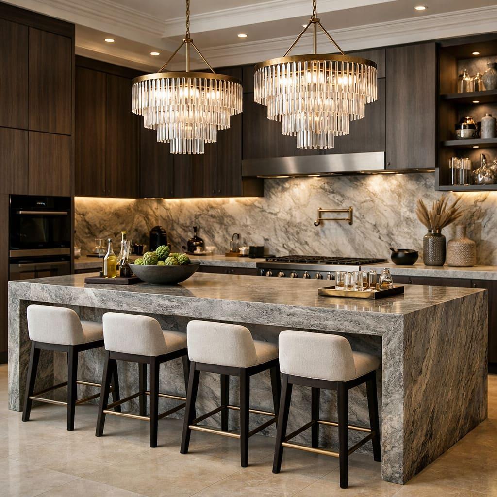 Modern luxury kitchen showcasing a grey travertine stone island.