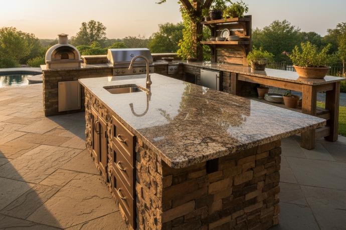 Leathered finish granite countertop for outdoor kitchen island