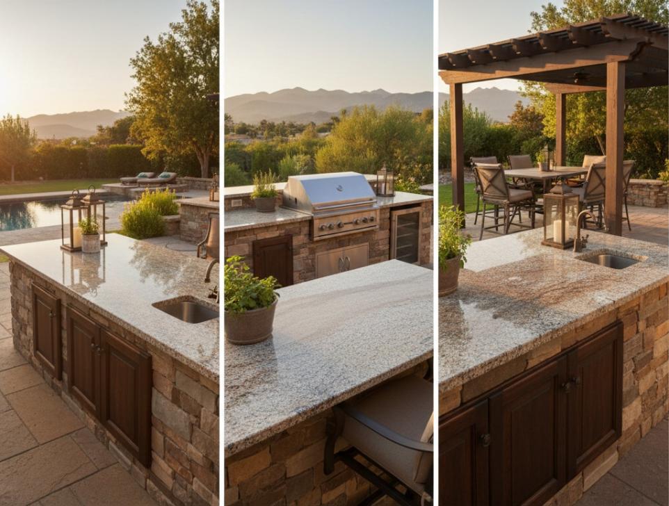 Multiple finish options for natural stone outdoor kitchen countertops