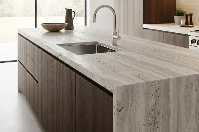 Travertine slab countertop with waterfall edge on modern kitchen island