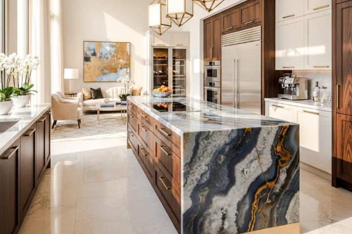 Luxury kitchen island with a waterfall-edge semi-precious stone slab