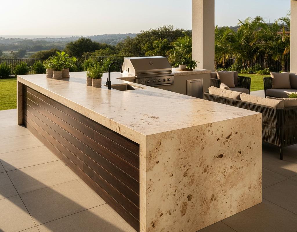 Modern outdoor kitchen island combining travertine stone waterfall edges with horizontal wood slat paneling