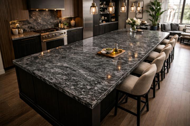 Dark granite countertop on modern kitchen island with beige bar stools