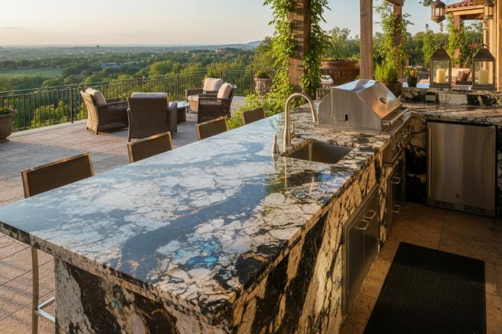 Granite slab outdoor kitchen countertop with unique blue and gold veining