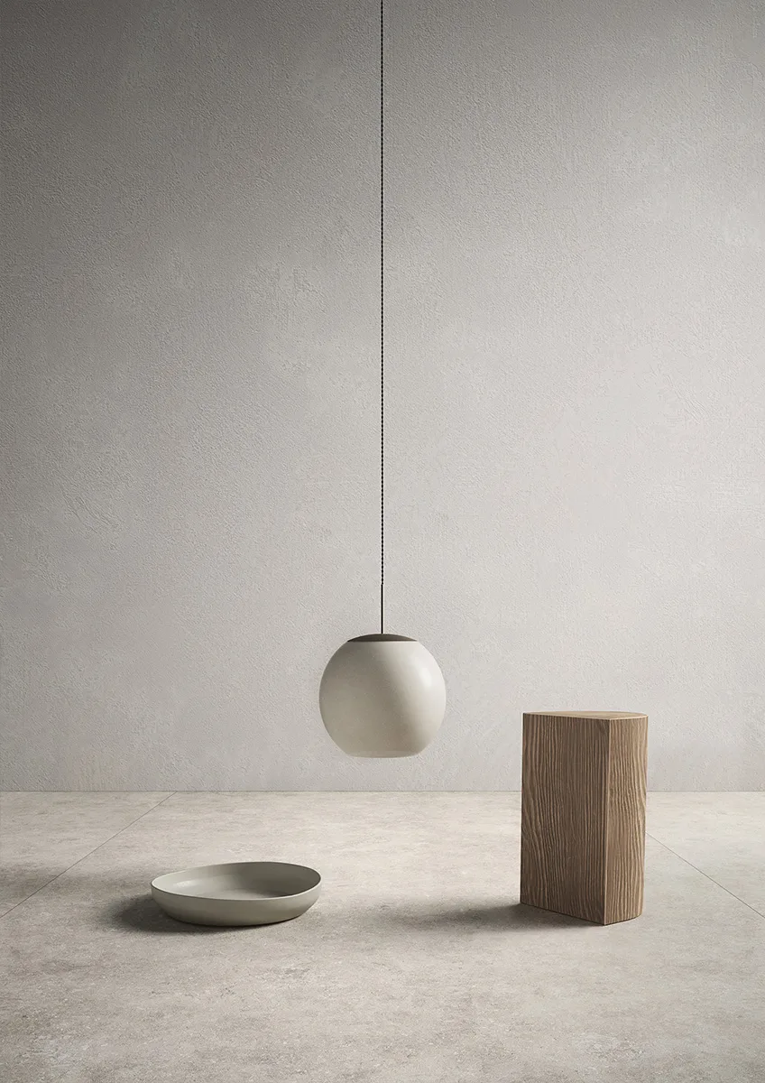 Contemporary space featuring Fossil porcelain slabs creating elegant neutral stone look wall surfaces.