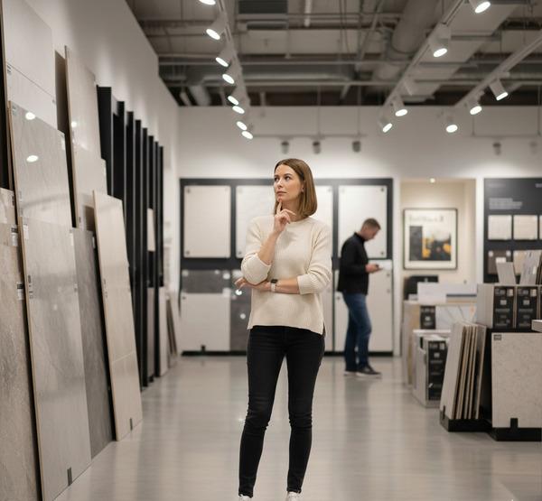 A customer in a stone gallery making the right choice