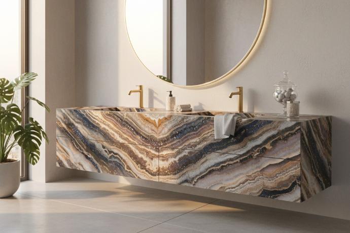 Natural semi-precious stone vanity countertop featuring distinctive veining and multi-colored patterns