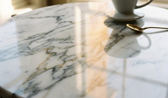 Close-up view of polished white marble surface showing natural veining pattern