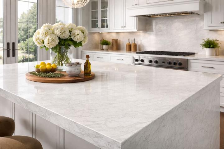 High-end kitchen showcasing a polished, translucent stone island