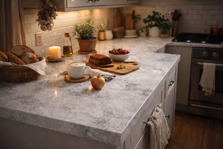 Kitchen featuring a light gray marble countertop