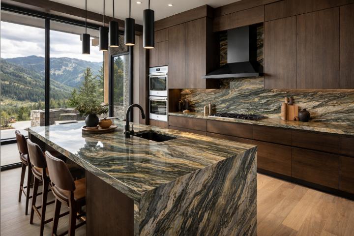 Modern kitchen with a large marble waterfall island