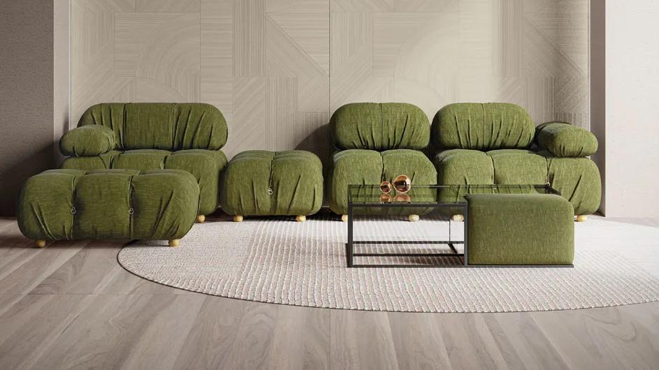 Ginza Doro porcelain slabs installed as elegant flooring in spacious living room with modern decor.