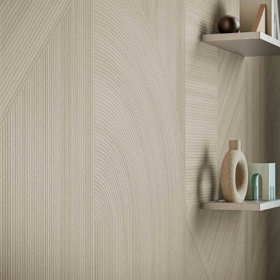 Detailed wall application of Ginza Doro porcelain slabs displaying geometric patterns and minimalist styling.