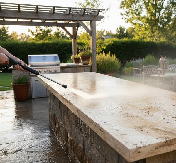 Power washing a durable natural stone slab countertop outdoors.