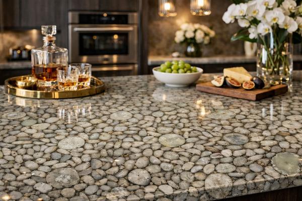 High-end kitchen island with an Agate White semi-precious surface